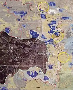The yellow circles on the outskirts of Jerusalem highlight the areas proposed as Palestinian "East Jerusalem": The sovereign capital of the State of Palestine should be in the section of East Jerusalem located in all areas east and north of the existing security barrier, including Kafr Aqab, the eastern part of Shuafat and Abu Dis, and could be named Al Quds or another name as determined by the State of Palestine