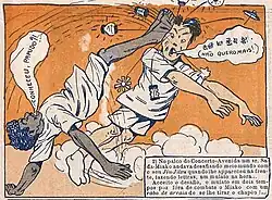 Image 3Panel by Alfredo Storni featuring capoeirista Ciríaco defeating jujitsu fighter Sada Miyako with a rabo de arraia kick, O Malho, 1909. (from Mixed martial arts)