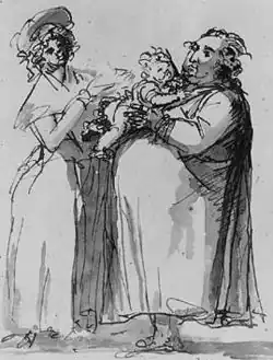 Self-portrait with his common-law wife Anna-Rella Hellström and their son Gustav, wash drawing, 1793