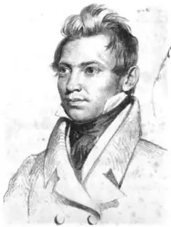 Bust of a young white man in a high collar coat
