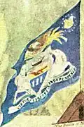 A painting of the Pennsylvania flag, featuring the state coat of arms with white horses, and other various adornments around the coat of arms, on a field of blue.