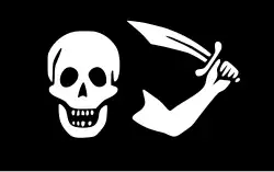 Interpretation of Bartholomew Roberts' Jolly Roger as used during the battle of Trepassy harbour, 1720, as described by eyewitness William Matthew: “a death's head and an arm with a cutlass”.[40]