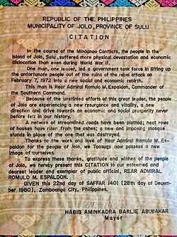Citation from the Municipality of Jolo presented to Rear Admiral Espaldon six years after the Battle of Jolo