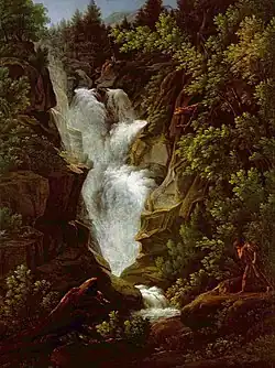 Painting of a raging waterfall surrounded by lush green trees and brown rocks