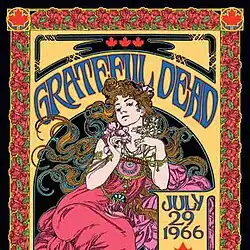 A woman with long flowing hair, drawn in the style of an Art Nouveau poster