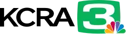The black letters KCRA next to a kelly-green fisheye shape similar to an old television tube containing a sans serif 3 in white. The NBC peacock overlaps this on the lower right side.