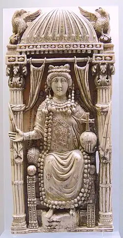 Diptych Leaf with a Byzantine Empress; 6th century; ivory with traces of gilding and leaf; height: 26.5 cm; Kunsthistorisches Museum (Vienna, Austria)[124]