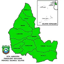 Liukang Kalmas District is located in the archipelago of Pangkep Regency, South Sulawesi, and is included in the cluster of islands far to the west of the mainland of Sulawesi. On the map, Liukang Kalmas is located on the far left of the inset (archipelago area box), indicating its fairly remote location.