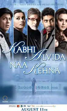 Theatrical release poster featuring Shah Rukh Khan, Rani Mukerji, Amitabh Bachchan, Abhishek Bachchan, and Preity Zinta against a blue-toned background with the film title and tagline.