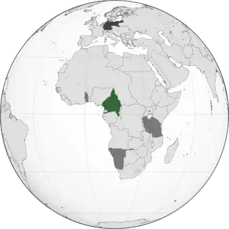 Location of Kamerun: Green: Territory comprising German colony of Kamerun Dark grey: Other German territories Darkest grey: German Empire