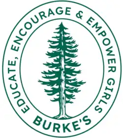 California redwood tree surrounded by the text "Burke's" "Educate, Encourage & Empower Girls" all in green