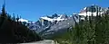 Kaufmann Peaks (centered) seen from the Icefields Parkway with Mount Sarbach (right)