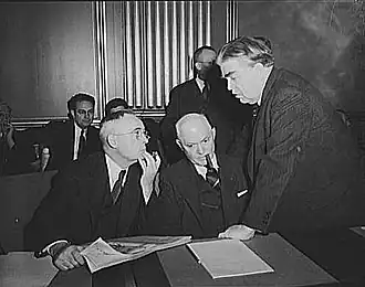 Image 2John L. Lewis (right, President of the United Mine Workers, confers with Thomas Kennedy (left), UMW Secretary-Treasurer of the UMW, and a UMW official at the War Labor Board in 1943 about a coal miners' strike.
