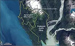 A satellite image of the Kensington Mine Lease, and the proposed Julian Mine.
