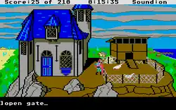 Screenshot showing a pixelated character standing outside a house