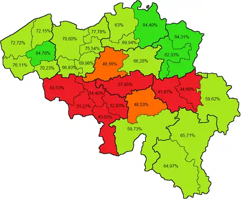 Koningskwestie kaart met percentage voor-stemmen