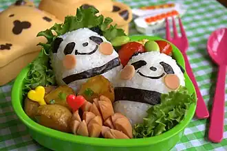 Oekakiben containing rice balls decorated with nori to resemble pandas