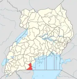 Map of Ugandan districts with Kyotera highlighted in red