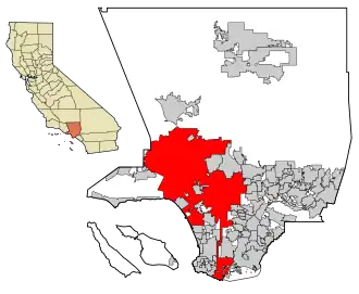 Los Angeles County with the City of Los Angeles in red. The Harbor Gateway is a two-mile wide north-south corridor that connects the Port of Los Angeles to the south with the rest of the city in the north (note the vertical red line).