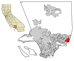 Location of Pomona in Los Angeles County and the U.S. state of California