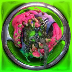 A metal sculpture of a sine wave logo against a neon green background. In the center of the logo, Lady Gaga is surrounded by a neon pink slime creature.