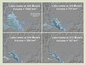 This photo shows four profiles of Lake Lewis at various flood levels. It illustrates that the lake back flooded several valleys in which the Touchet Beds were found.
