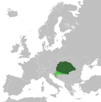 The Kingdom of Hungary (dark green) and Kingdom of Croatia-Slavonia (light green) within Austria-Hungary in 1914