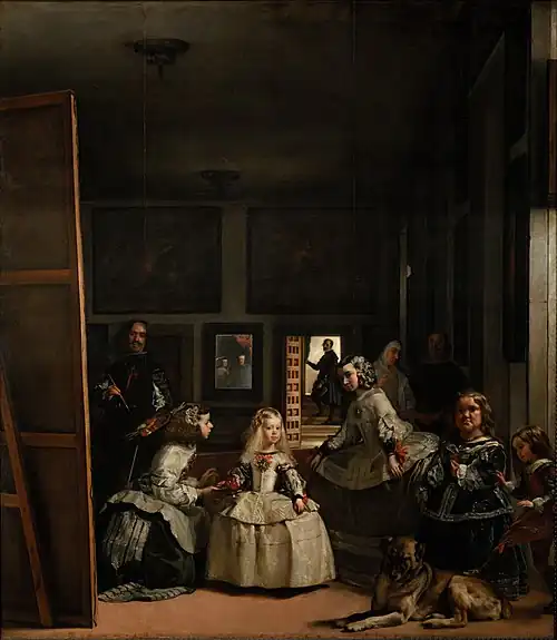 Las Meninas; by Diego Velázquez; 1656; oil on canvas; 318 cm × 2.76 m; Museo del Prado (Madrid, Spain)[169]