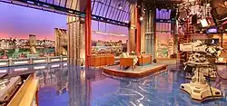 View of the stage with David Letterman's desk and guest seats