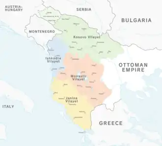 The 4 Ottoman vilayets (Kosovo, Scutari, Monastir and Ioannina), proposed to form the Albanian Vilayet.