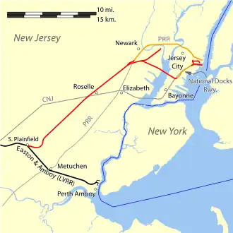 Map of lines approaching the Hudson waterfront from the south; the grey Central New Jersey line from Bayonne to Elizabeth was carried by Newark Bay Bridge