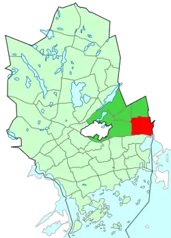 Location of Leppävaara (red) within Espoo (light green) and Suur-Leppävaara (dark green)