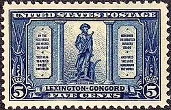 The statue of a minuteman, reproduced upon a blue, five-cent stamp