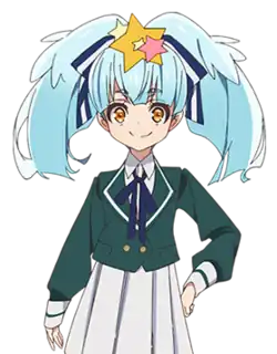 Anime character Lily Hoshikawa, a young female child with bright blue hair done in two large pigtails, and a blue and white ribbon punctuated by a star accessory. She is dressed in a green and white colored Japanese school uniform with a white skirt, and is placing her left hand on her hip.
