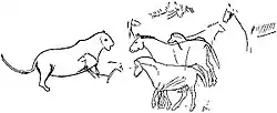 Outlines of a lioness and a small group of horses of the Celtic or Arab type, a delicate wall engraving in the Diverticule final of the cavern of Font-de-Gaume. After Breuil.