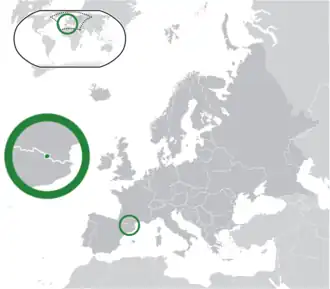Location of Andorra (centre of green circle) in Europe (dark grey)