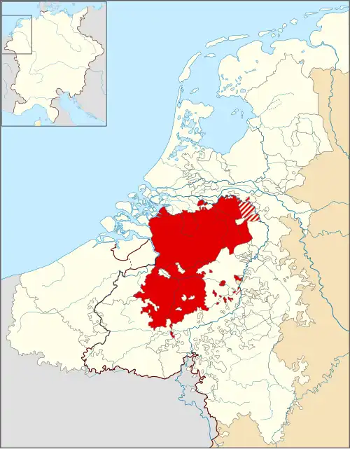 The Duchy of Brabant within the Seventeen Provinces of the Low Countries and the borders of the Holy Roman Empire (thick line)