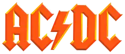 AC/DC's logo is shown in orange lettering with the AC separated from DC by a stylised lightning bolt.
