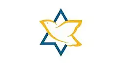 A dove incorporated in a six-pointed star. Yellow and blue to represent Ukraine.