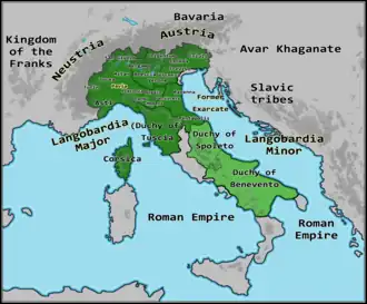 The Lombard Kingdom in 740, under King Liutprand