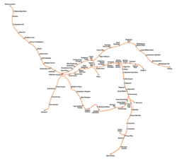The orbital lines of the London Overground network (as of 9 December 2012)