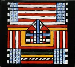 A colorful painting of a house, surrounded by elements of the American flag