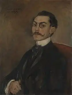 Painting of a distinguished man, oil on canvas. Brown and red color pallette. The man leans back in his chair, looks at the artist through pince-nez. He raises his eyebrows and has a moustache.