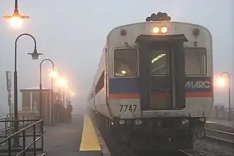 MARC train on a foggy morning at Brunswick, Maryland