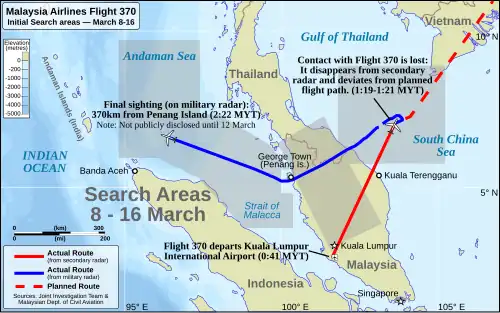 Map of southeast Asia with flight path and planned flight path of Flight 370 in the foreground. The search areas are depicted in transparent grey colour. Search areas include the South China Sea and Gulf of Thailand near the location where Flight 370 disappeared from secondary radar, a rectangular area over the Malay Peninsula, and a region that covers roughly half of the Strait of Malacca and Andaman Sea.