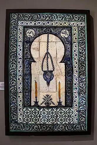 Ceramic tile panel with painted under glaze decoration and transparent glaze overall, 17th century