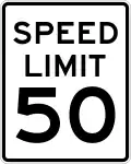A vertical rectangular white sign with a black border, with the words "SPEED LIMIT" above the number "50"