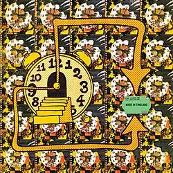 A drawing of an alarm clock with hands stretching to point toward a small green sign with the album name on it, with a background grid of a different alarm clock drawing.