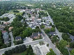 Aerial view of old Unionville: Main Street Unionville (centre), Toogood Pond Park (top) and Crosby Park (top left)