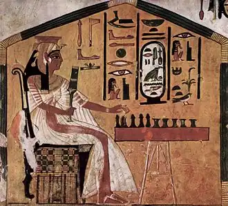 Painting in tomb of Egyptian queen Nefertari (1295–1255 BC) playing senet